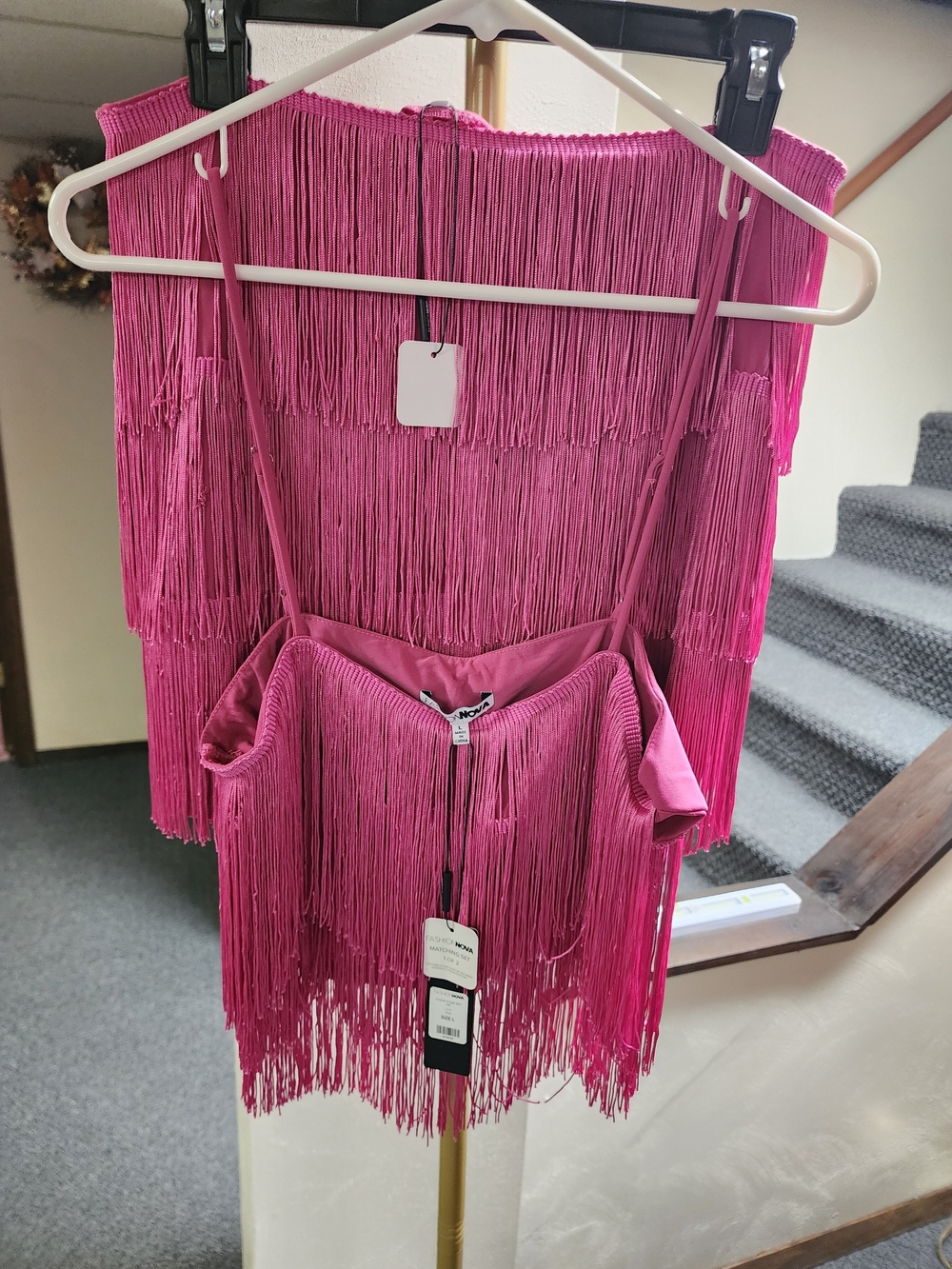 Fashion Nova NWT Hot Pink Fringe Mini Dress Set with Spaghetti Straps